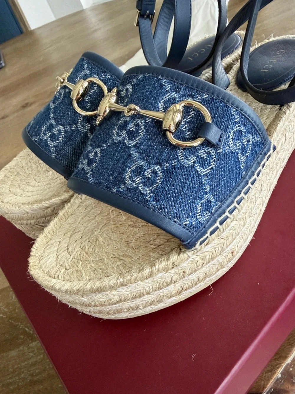 NWT dust bag authentic Gucci Blue Denim GG Horsebit Espadrille Sandals - Picture 8 of 9